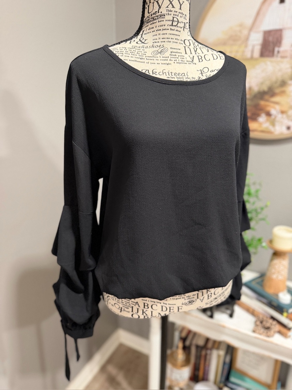 Women's Black Ruffle Sleeve Blouse - Elegant Everyday Top